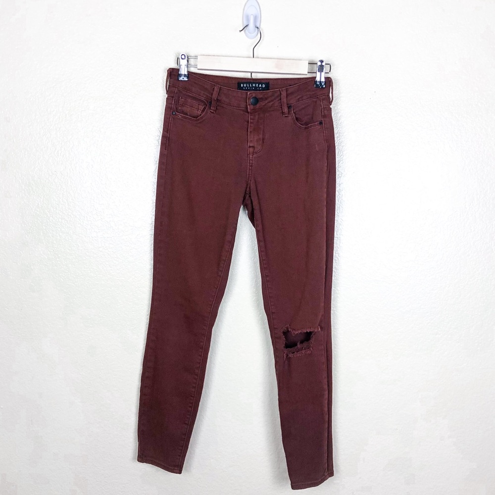 Bullhead Burgundy Destroyed Mid Rise Skinny Jeans